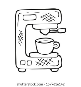 Single hand drawn coffee maker or coffee machine. In doodle style, black outline isolated on a white background. Cute element for card, social media banner, stickers. Vector illustration.