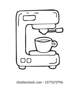 Single hand drawn coffee maker or coffee machine. In doodle style, black outline isolated on a white background. Cute element for card, social media banner, stickers. Vector illustration.