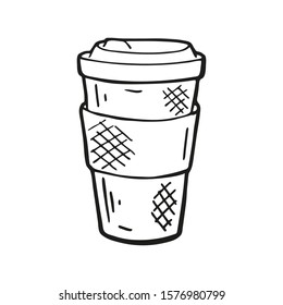 Single Hand Drawn Coffee Takeaway Cup. In Doodle Style, Black Outline Isolated On A White Background. Cute Element For Card, Social Media Banner, Stickers. Vector Illustration.