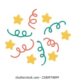 Single hand drawn color firework and confetti with stars. Doodle vector illustration.