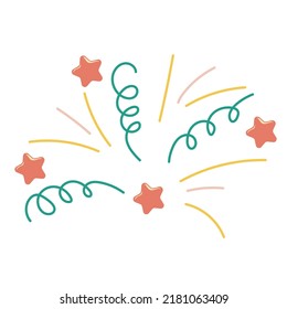 Single hand drawn color firework and confetti with stars. Doodle vector illustration.