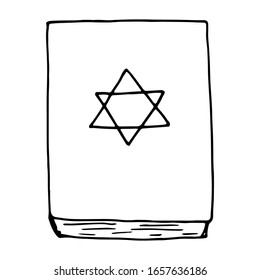 Single hand drawn contour of magic book with occult symbols. Doodle vector illustration isolated on white background.