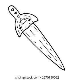 Single hand drawn contour of magical blade with occult symbols. Doodle vector illustration isolated on white background in a trendy minimalism style.