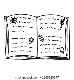 Einmalige, handgezeichnete Kontur des offenen Zauberbuchs mit okkulten Symbolen. Doodle-Vektorillustration, einzeln auf weißem Hintergrund.