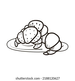 Single hand drawn croissants. Doodle vector illustration. Isolated on white background.