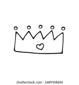 Single hand drawn crown for greeting cards, posters, woman design. Isolated on white background. Doodle vector illustration.