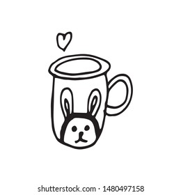 Single hand drawn cup of coffee, chocolate, cocoa, americano or cappuccino. Doodle vector illustration.