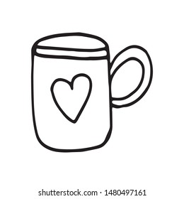 Single hand drawn cup of coffee, chocolate, cocoa, americano or cappuccino. Doodle vector illustration.