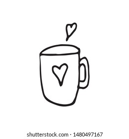 Single hand drawn cup of coffee, chocolate, cocoa, americano or cappuccino. Doodle vector illustration.