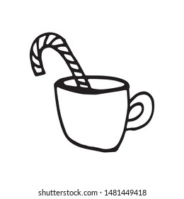 Single hand drawn cup of coffee, chocolate, cocoa, americano, cappuccino with lollipop tube. Doodle vector illustration. Winter elements  for greeting cards, posters, stickers and seasonal design.