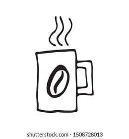 Single hand drawn cup of coffee, chocolate, cocoa, americano or cappuccino. Doodle vector illustration.