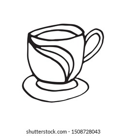 Single hand drawn cup of coffee, chocolate, cocoa, americano or cappuccino. Doodle vector illustration.