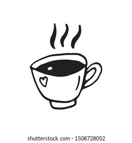 Single hand drawn cup of coffee, chocolate, cocoa, americano or cappuccino. Doodle vector illustration.