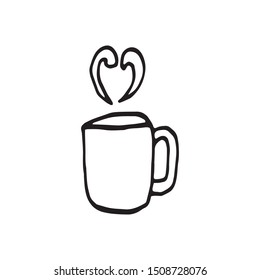 Single hand drawn cup of coffee, chocolate, cocoa, americano or cappuccino. Doodle vector illustration.