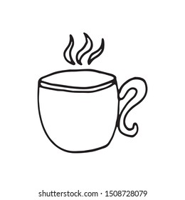 Single hand drawn cup of coffee, chocolate, cocoa, americano or cappuccino. Doodle vector illustration.