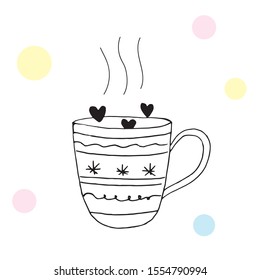 Single hand drawn cup of coffee, chocolate, cocoa, americano or cappuccino. Doodle vector illustration