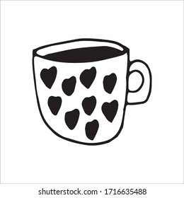 Single hand drawn cup of coffee, chocolate, cocoa, americano or cappuccino.  With hearts pattern. Doodle vector illustration.
