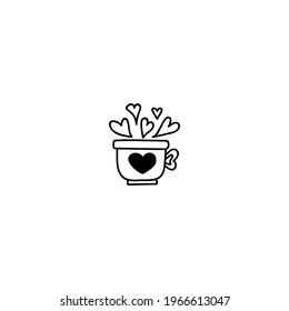 Single hand drawn cup of coffee, chocolate, cocoa, americano or cappuccino with hearts. Doodle vector illustration. Isolate on a white background.