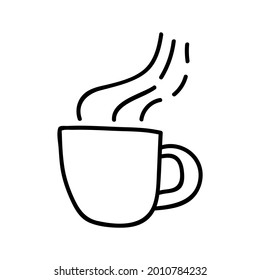 taza de café, capuchino, chocolate, cacao, americano o té de una sola mano. Ilustración del vector Doodle. Aislado sobre un fondo blanco.