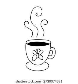 Single hand drawn cup of coffee, cappuccino, chocolate, cocoa, americano or tea. Doodle vector illustration. Isolated on a white background.