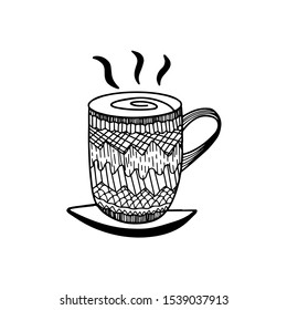 Single hand drawn cup of herbal tea, coffee, chocolate, cocoa, americano or cappuccino. Doodle vector illustration isolated on white background.