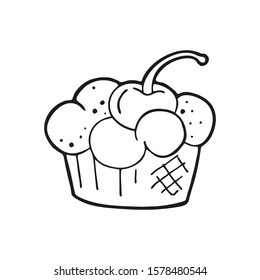 Single hand drawn cupcake with cherry. In doodle style, black outline isolated on a white background. Cute element for card, social media banner, stickers. Vector illustration.