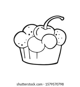 Single hand drawn cupcake with cherry. In doodle style, black outline isolated on a white background. Cute element for card, social media banner, stickers. Vector illustration.