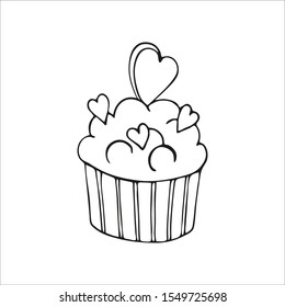 Single hand drawn cupcake decorated with hearts. In doodle style, black outline isolated on a white background. Cute element for design instagram stories, card, stickers. Valentine's day vector.
