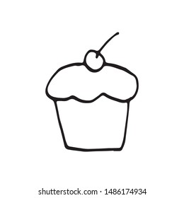 Single hand drawn cupcake, muffin. Doodle vector illustration in cute scandinavian style. Element for greeting cards, posters, stickers and seasonal design. Isolated on white background