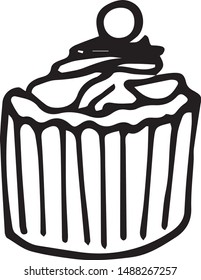 Single hand drawn cupcake, muffin. Doodle vector illustration in cute scandinavian style. Element for greeting cards, posters, stickers and seasonal design. Isolated on white background