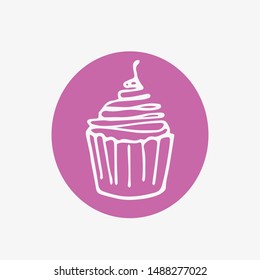Single hand drawn cupcake, muffin on the pink circle . Doodle vector illustration in cute scandinavian style. Element for greeting cards, posters, stickers, kitchen design,food product wrapping paper