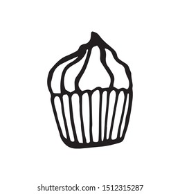 Single hand drawn cupcake, muffin. Doodle vector illustration in cute scandinavian style. Element for greeting cards, posters, stickers and seasonal design. Isolated on white background