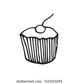 Single hand drawn cupcake, muffin. Doodle vector illustration in cute scandinavian style. Element for greeting cards, posters, stickers and seasonal design. Isolated on white background