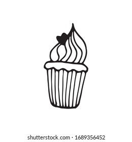 Single hand drawn cupcake, muffin. Doodle vector illustration in cute scandinavian style. Element for greeting cards, posters, stickers and seasonal design. Isolated on white background