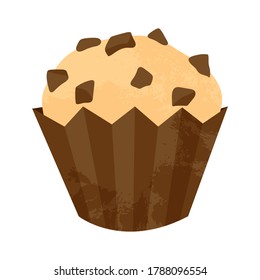 Pastel o muffin dibujado a mano con chocolate y caramelo. Ilustración de dibujos animados en diseño plano. Elemento para tarjetas de felicitación, carteles, pegatinas y diseño estacional. Aislado en blanco.