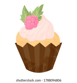Single hand drawn cupcake or muffin with raspberry and whipped cream. Vector cartoon illustration in flat design. Element for greeting cards, posters, stickers and seasonal design. Isolated on white.