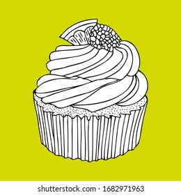Single hand drawn cupcake on yellow background. Doodle vector illustration for greeting cards, posters, stickers and seasonal design.