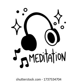 Single hand drawn cute headphones for meditation reminder. Doodle stock vector illustration. element for posters, stickers. Isolated on white background. Sketch elements set for graphic and web design.