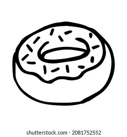 Single hand drawn donut. Doodle vector illustration. Isolated on a white background.