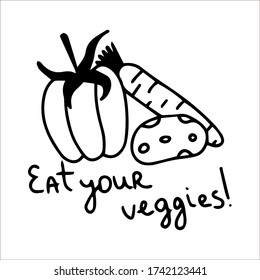 Eine Hand gezogen essen Sie Ihr Gemüse gesunde Ernährung. Doodle Stock Vektorgrafik. Element für Poster, Aufkleber. Auf weißem Hintergrund isoliert. Sketch-Elemente für Grafik und Web-Design.