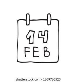 Single hand drawn element calendar,14 february for greeting cards, posters, stickers and seasonal design. Isolated on white background. Doodle vector illustration.