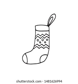 Single hand drawn element of Christmas sock. Doodle vector illustration for greeting cards, posters, stickers and seasonal design. Isolated on white background