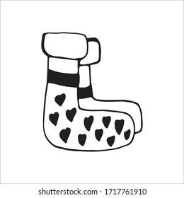 Single hand drawn element of Christmas sock. Doodle vector illustration for greeting cards, posters, stickers and seasonal design. Isolated on white background