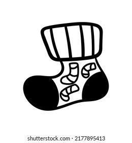 Single hand drawn element of Christmas sock. Doodle vector illustration for greeting cards, posters, stickers and seasonal design. Isolated on white background.