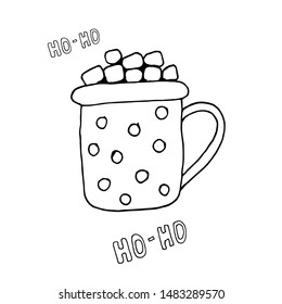 Single hand drawn element cocoa with marshmallow for New Year and Xmas greeting cards, posters, stickers and seasonal design. Doodle vector illustration.