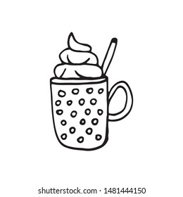 Single hand drawn element coffee with whipped cream for New Year and Xmas greeting cards, posters, stickers and seasonal design.  Isolated on white background. Doodle vector illustration.