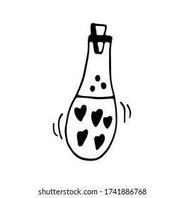Vidrio de elemento dibujado a mano única con poción de amor con corazón para tarjetas de felicitación, afiches, pegatinas y diseño estacional. Aislado sobre fondo blanco. Ilustración del vector Doodle.