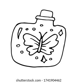 Single hand drawn element glass with magic elixir for greeting cards, posters, stickers and esotericist design. Isolated on white background. Doodle vector illustration.