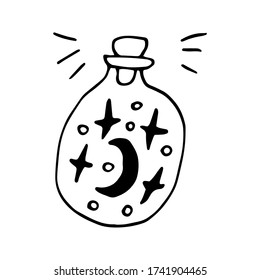 Single hand drawn element glass with magic elixir for greeting cards, posters, stickers and esotericist design. Isolated on white background. Doodle vector illustration.