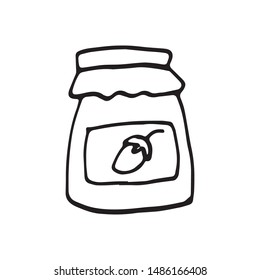Single hand drawn element jar with jam for New Year or autumn greeting cards, posters, stickers and seasonal design.  Isolated on white background. Doodle vector illustration.